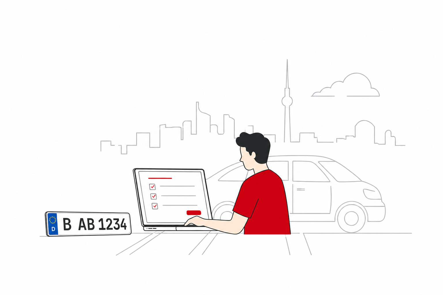 Deutsches Kennzeichen links neben einem Laptop, an dem eine Person die digitale Fahrzeugabmeldung durchführt, mit Fahrzeug- und Stadtkontur im Hintergrund